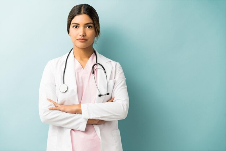Attractive medical professional in uniform standing with arms crossed against isolated background